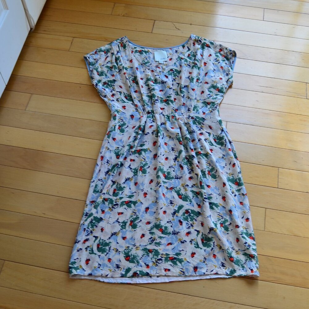 Anthropologie Cream Dress with Green and Red Floral Print